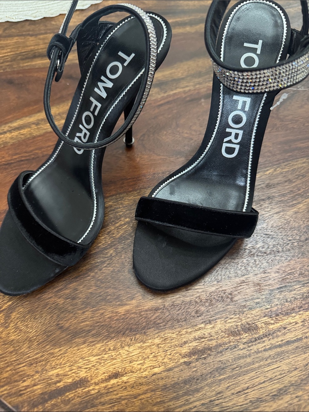 Tom Ford Black Velvet Rhinestone-Ankle Strap Heels